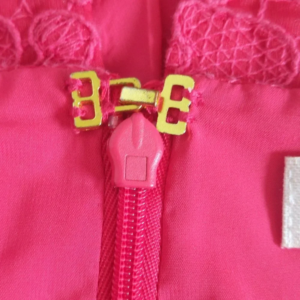 Tory Burch coral pink sheath dress, lined, lace overlay, v-neck, sleeveless 10